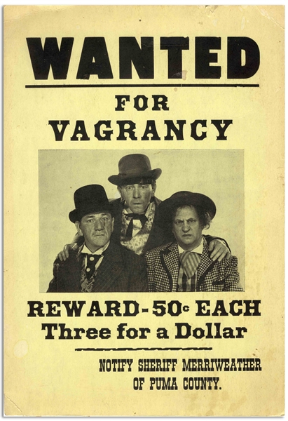 9 x 12 Handbill for The Three Stooges 1951 Film Merry Mavericks, Offering a Bounty of Three for a Dollar -- Printed on Flexible Cardstock -- Mild Discoloration & Chipping, Very Good